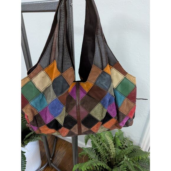 The Lucky Brand Vintage Boho Leather Patchwork Shoulder Tote Bag - Picture 2 of 13